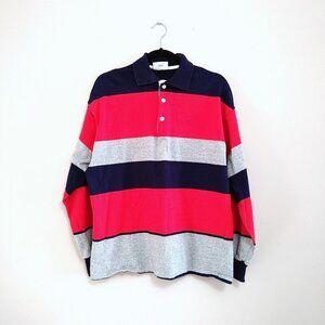 Northern Reflection Men's  Long Sleeve Polo Size Large Red Blue Striped Pullover
